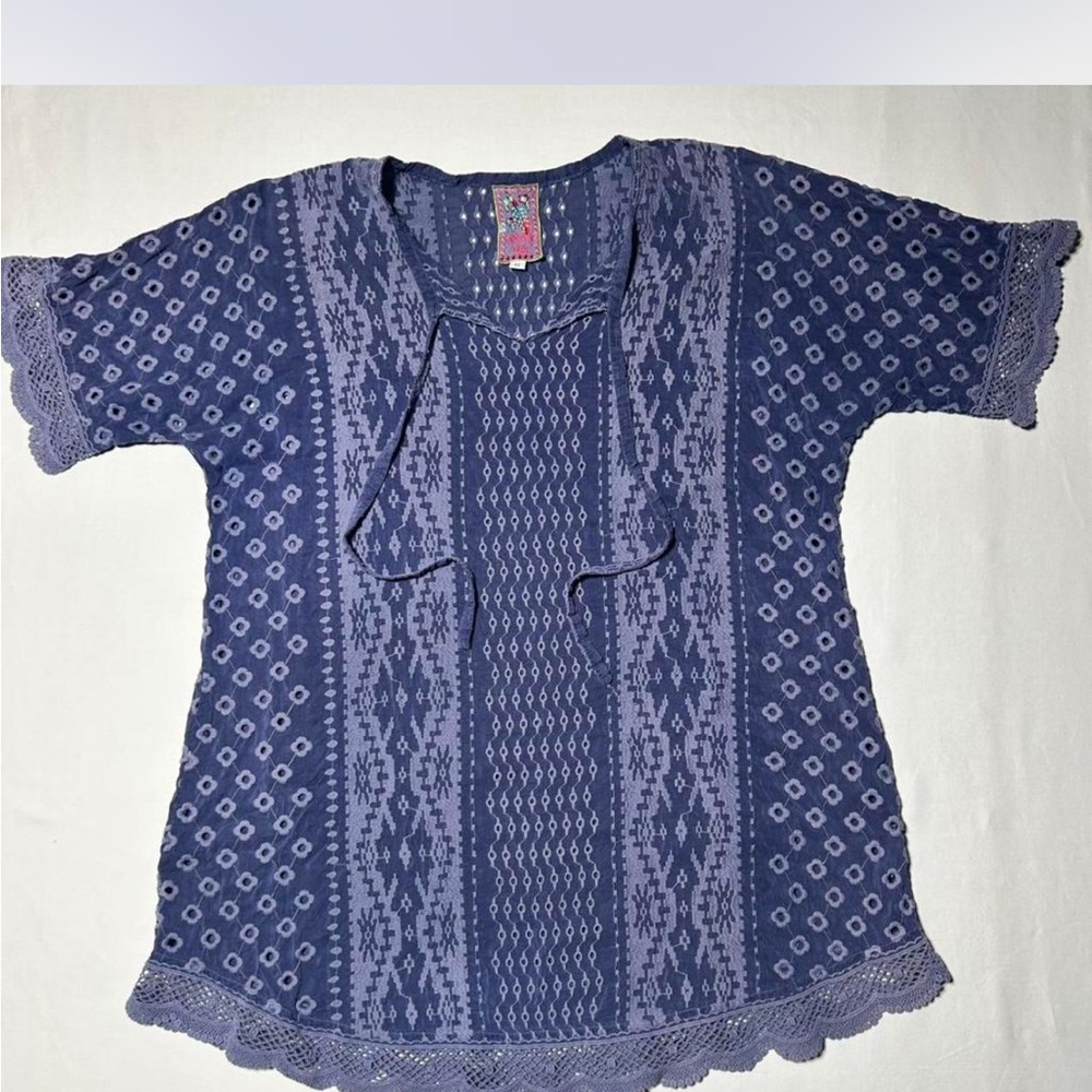 Johnny Was boho tunic womens M blue cupra lace trim embroidered peasant top